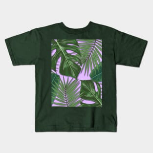 Monstera, Spider Palm, Tropical Leaves Print on Purple Kids T-Shirt